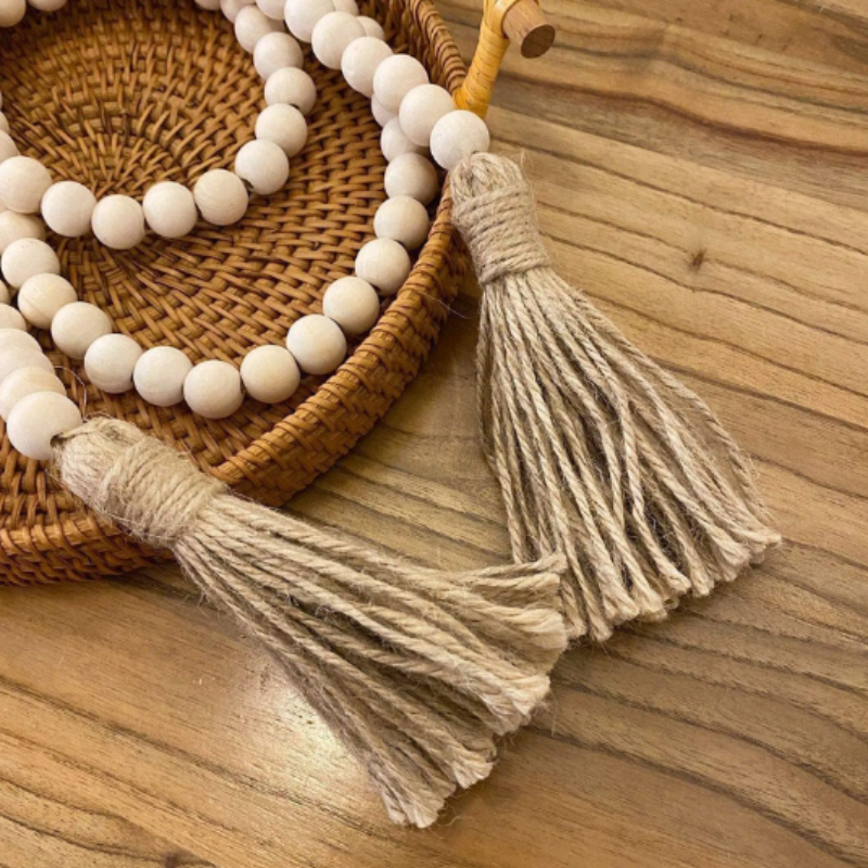 Decorative beads styled on a coffee table.