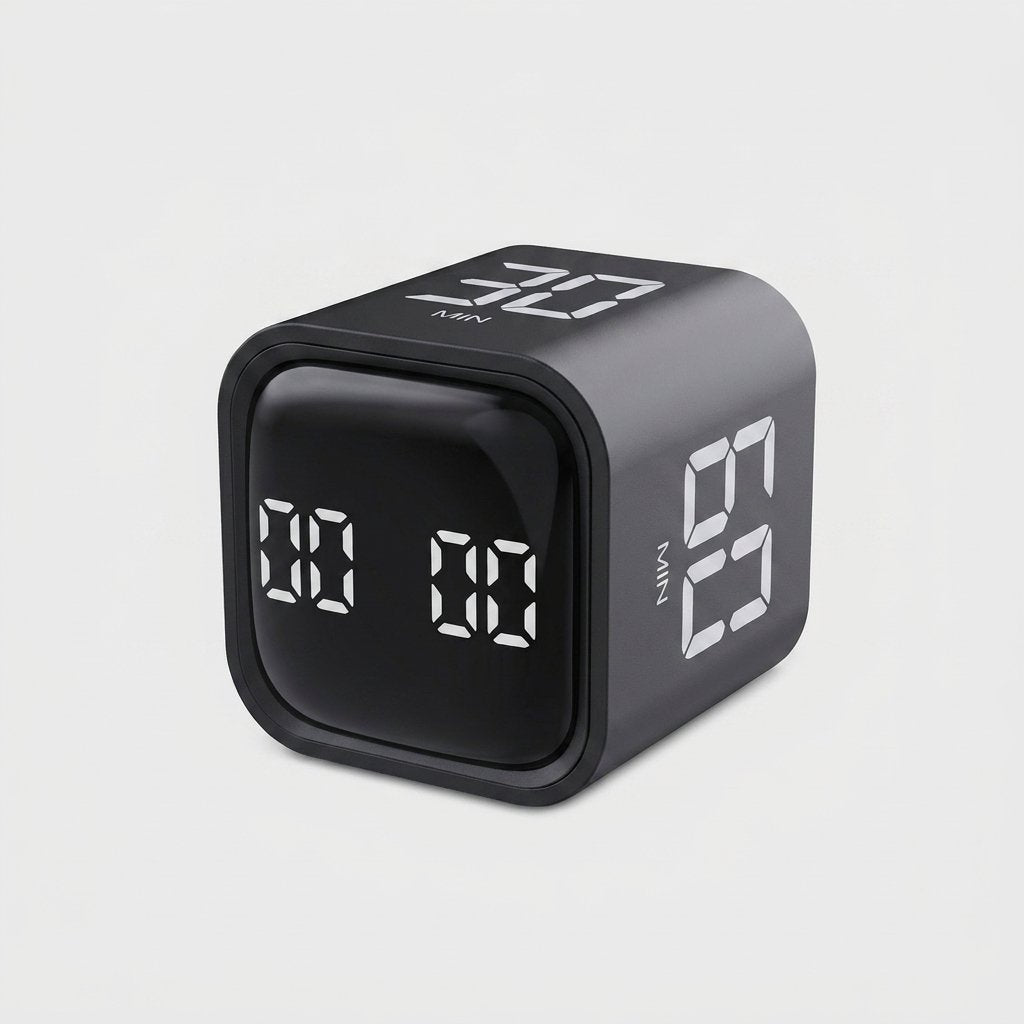 Black Digital Cube Kitchen Timer with LED countdown displays showing different minute presets on each face
