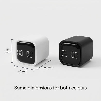 Black and white Digital Cube Kitchen Timers side by side labeled 44mm x 44mm x 64mm, noting both colors share the same dimensions