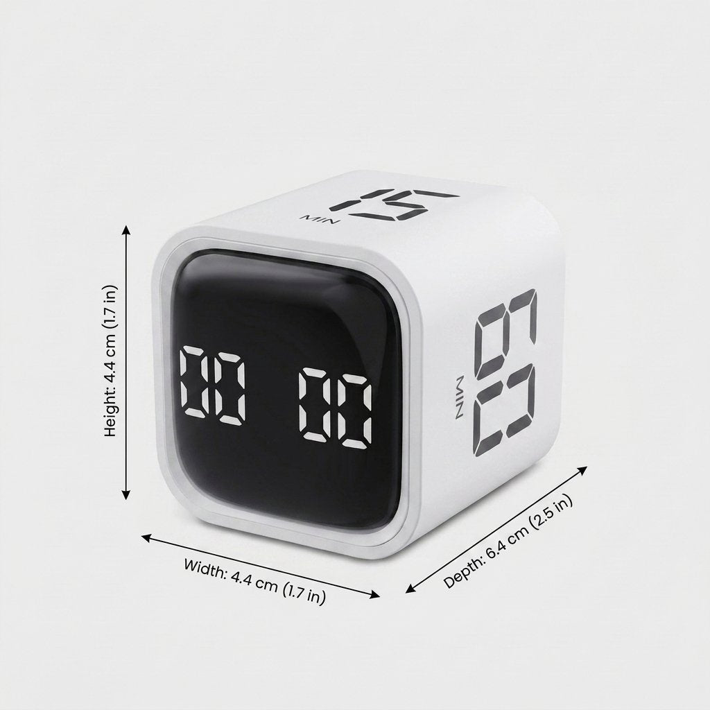 White Digital Cube Kitchen Timer with labeled dimensions: height 4.4cm (1.7in), width 4.4cm (1.7in), depth 6.4cm (2.5in)