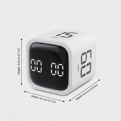 White Digital Cube Kitchen Timer with labeled dimensions: height 4.4cm (1.7in), width 4.4cm (1.7in), depth 6.4cm (2.5in)