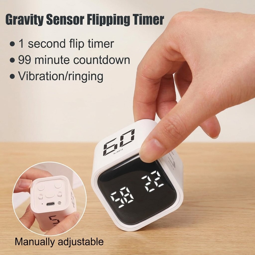 Hand flipping a white Digital Cube Kitchen Timer to start a countdown, illustrating the gravity sensor flip-to-start feature, 99-minute countdown, and vibration or ringing alerts, with an inset showing the USB-C charging port
