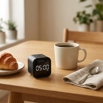 Black Digital Cube Kitchen Timer set to 5:00 minutes on a wood table with a croissant, coffee mug, napkin, and spoon