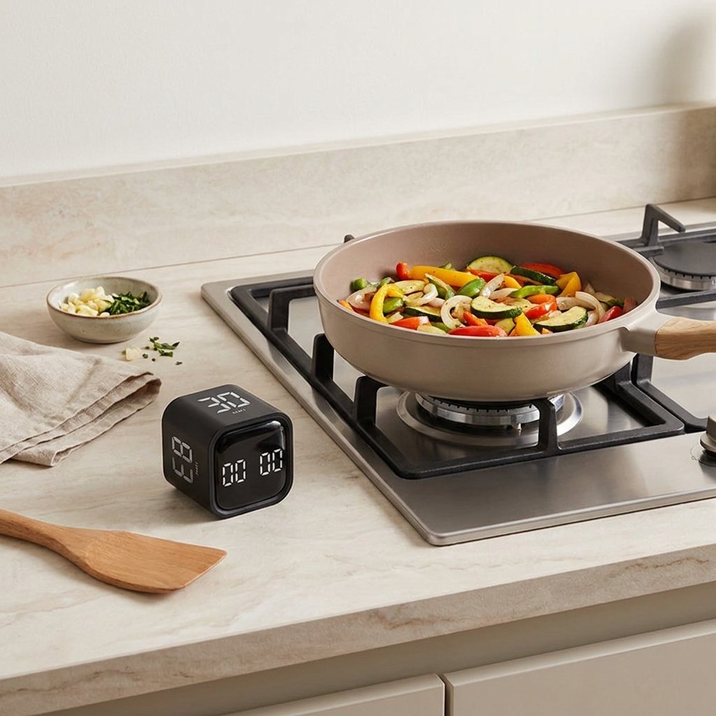 Black Digital Cube Kitchen Timer set to 30 minutes on a counter beside a stovetop pan of sautéed vegetables, a bowl of minced garlic, a linen cloth, and a wooden spatula