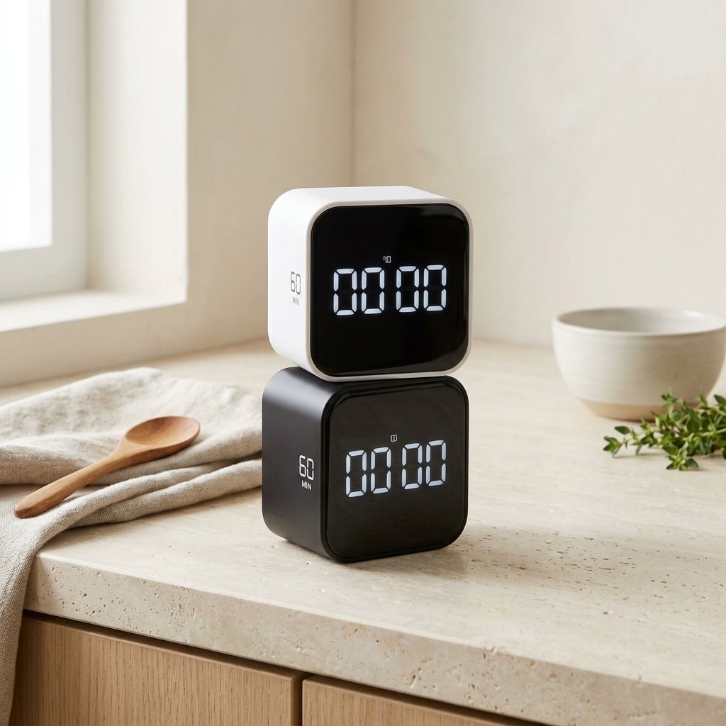 White and black Digital Cube Kitchen Timers stacked on a kitchen counter with a wooden spoon, cloth napkin, ceramic bowl, and herb sprig