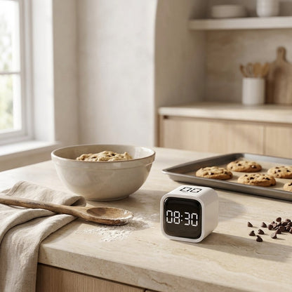 White Digital Cube Kitchen Timer set to 08:30 on a flour-dusted counter next to cookie dough, a wooden spoon, a baking sheet of cookies, and chocolate chips