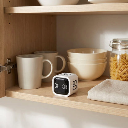 White Digital Cube Kitchen Timer inside an open kitchen cabinet next to mugs, stacked bowls, a pasta jar, and a folded linen cloth