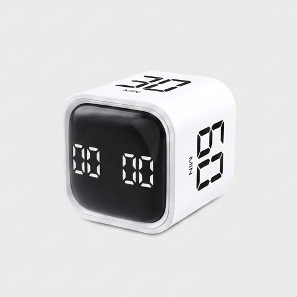 White Digital Cube Kitchen Timer with LED countdown displays showing different minute presets on each face