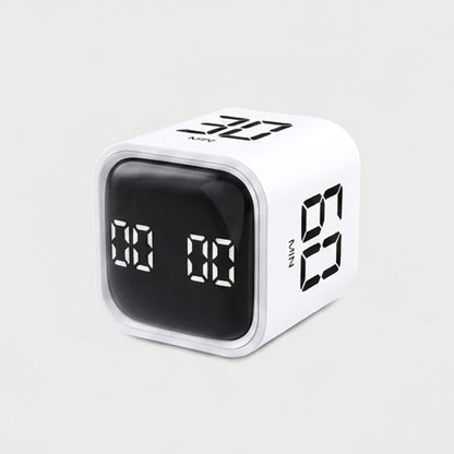 White Digital Cube Kitchen Timer with LED countdown displays showing different minute presets on each face