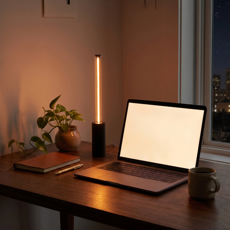 Dimmable rechargeable night light on desk beside laptop