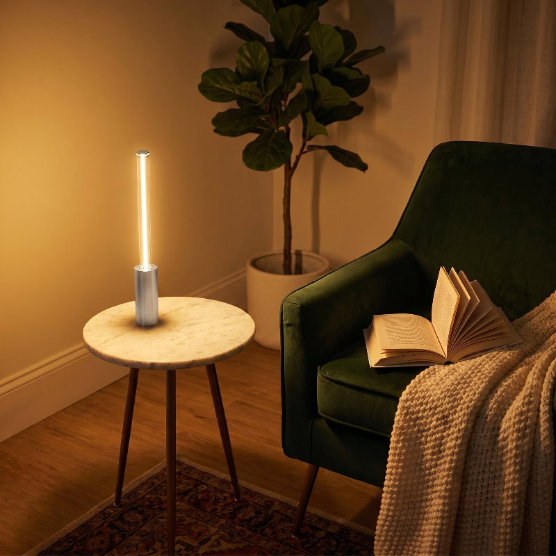 Dimmable rechargeable night light on side table beside green chair