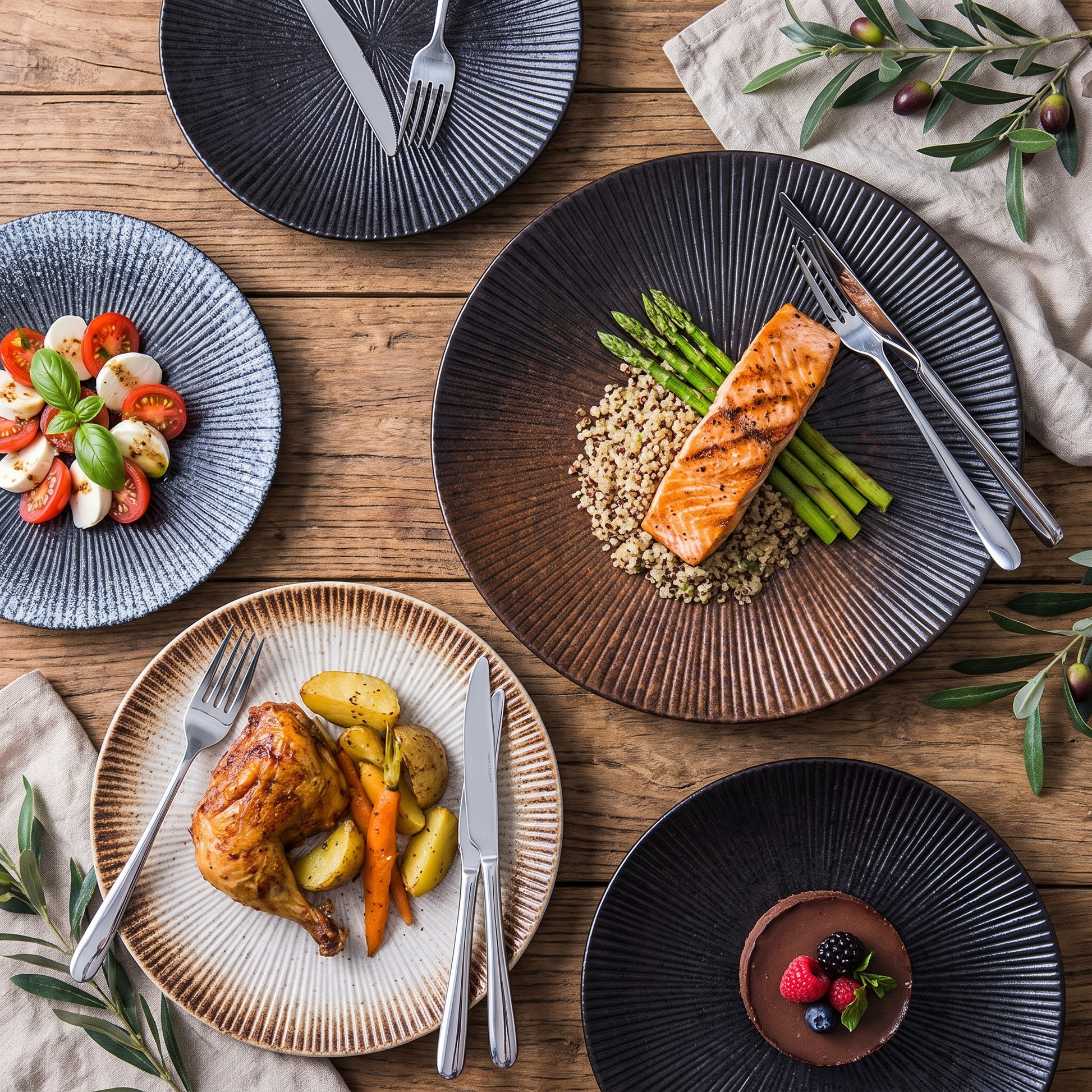 Disc ceramic dinner plates shown together in blue, gray, brown, and black