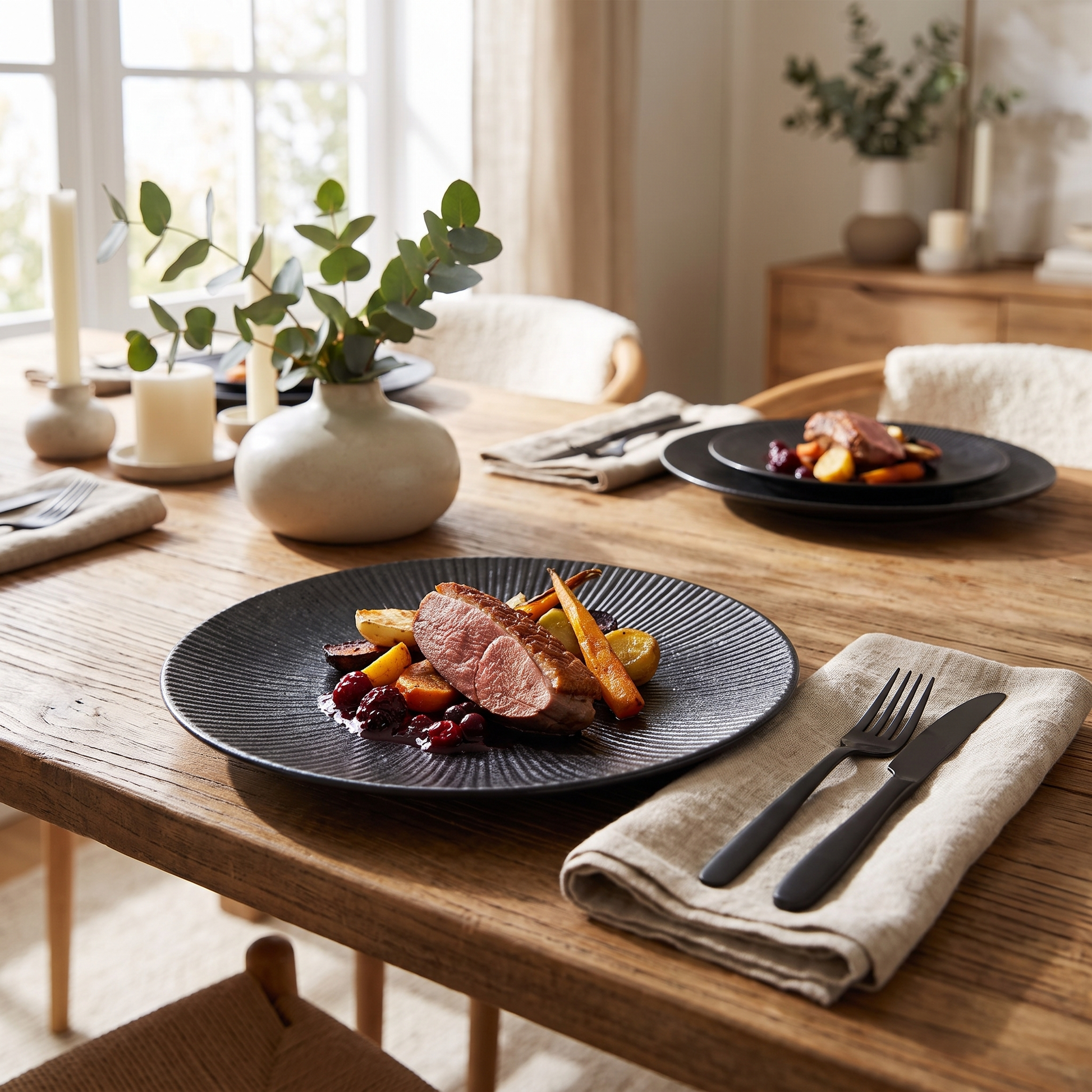 Black disc ceramic plates in a styled table place setting