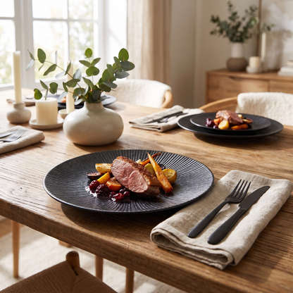 Black disc ceramic plates in a styled table place setting