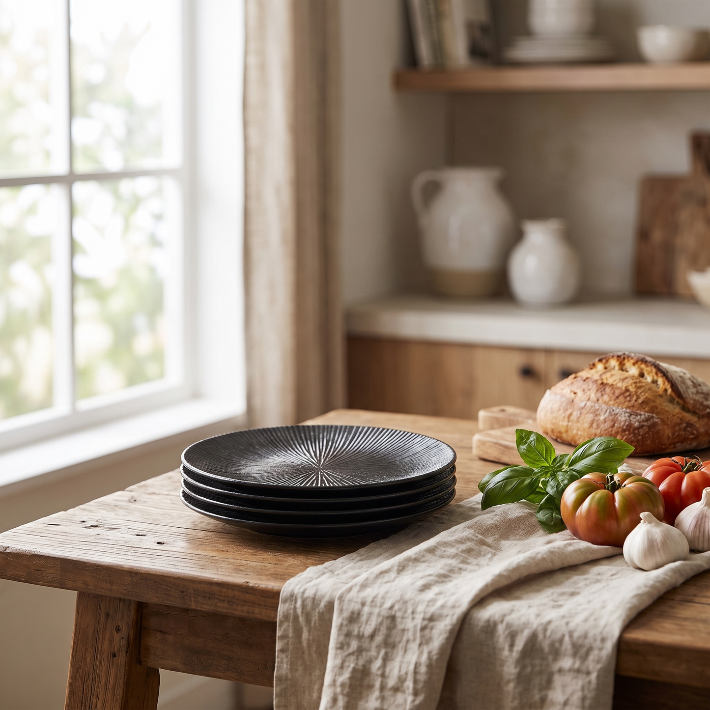 Stack of black disc ceramic plates styled on a dining table