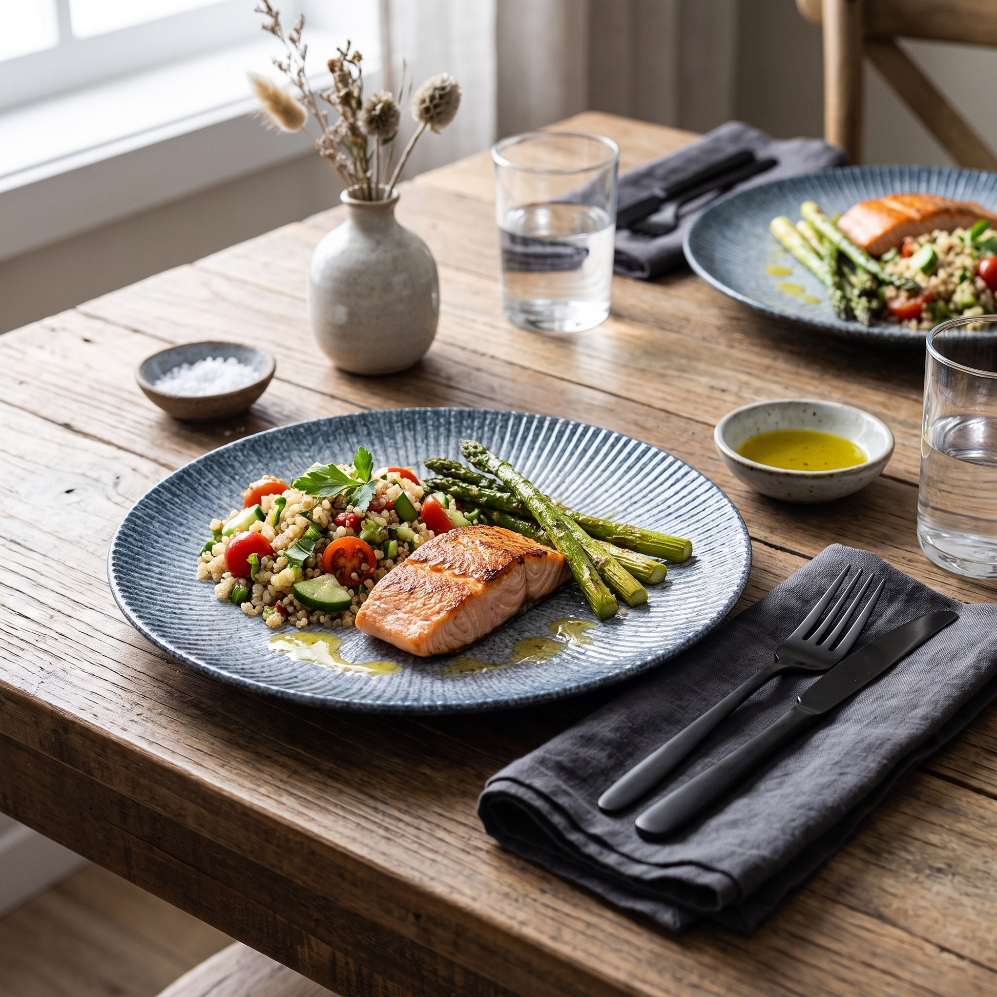Blue disc ceramic plates in a styled table place setting