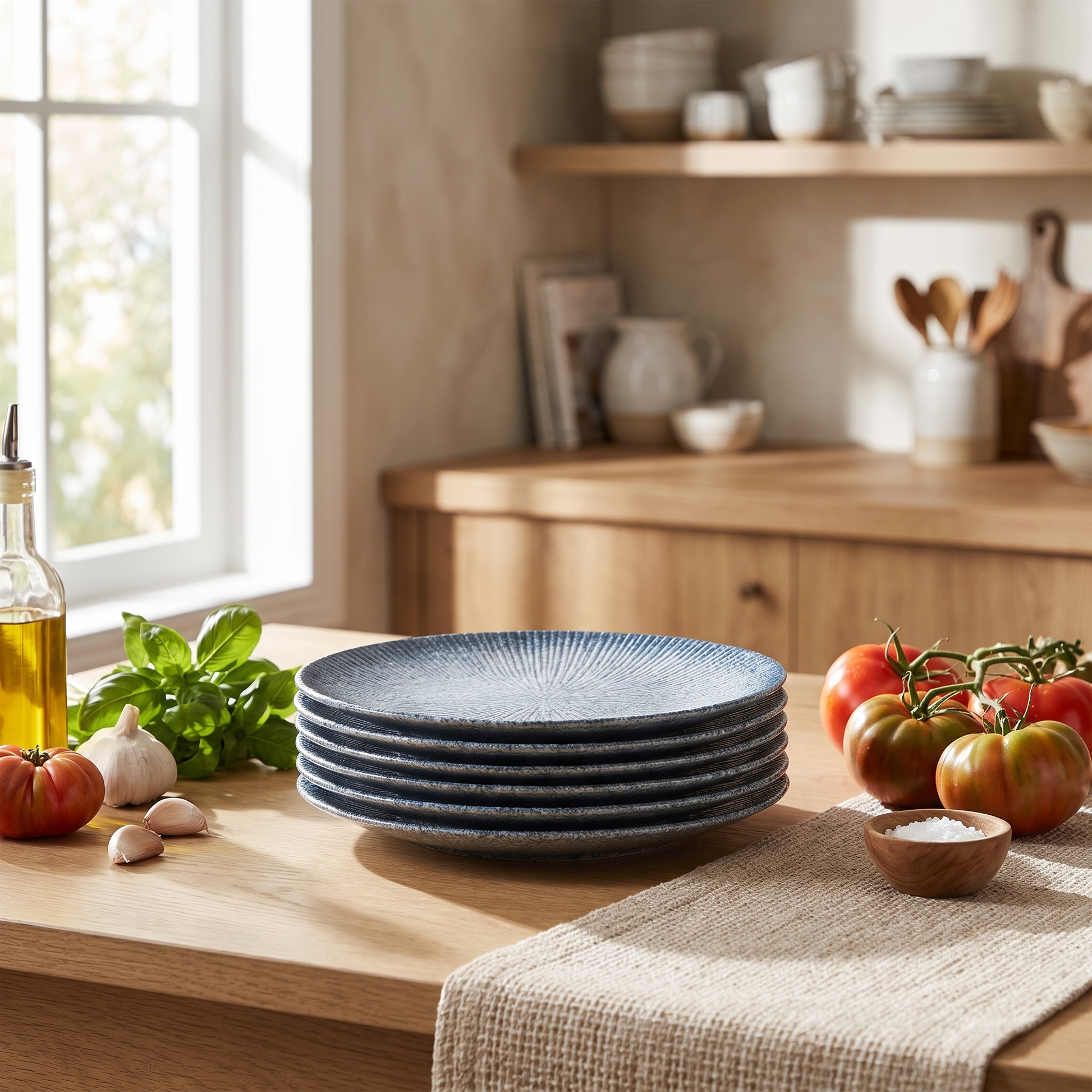 Stack of blue disc ceramic plates styled on a dining table