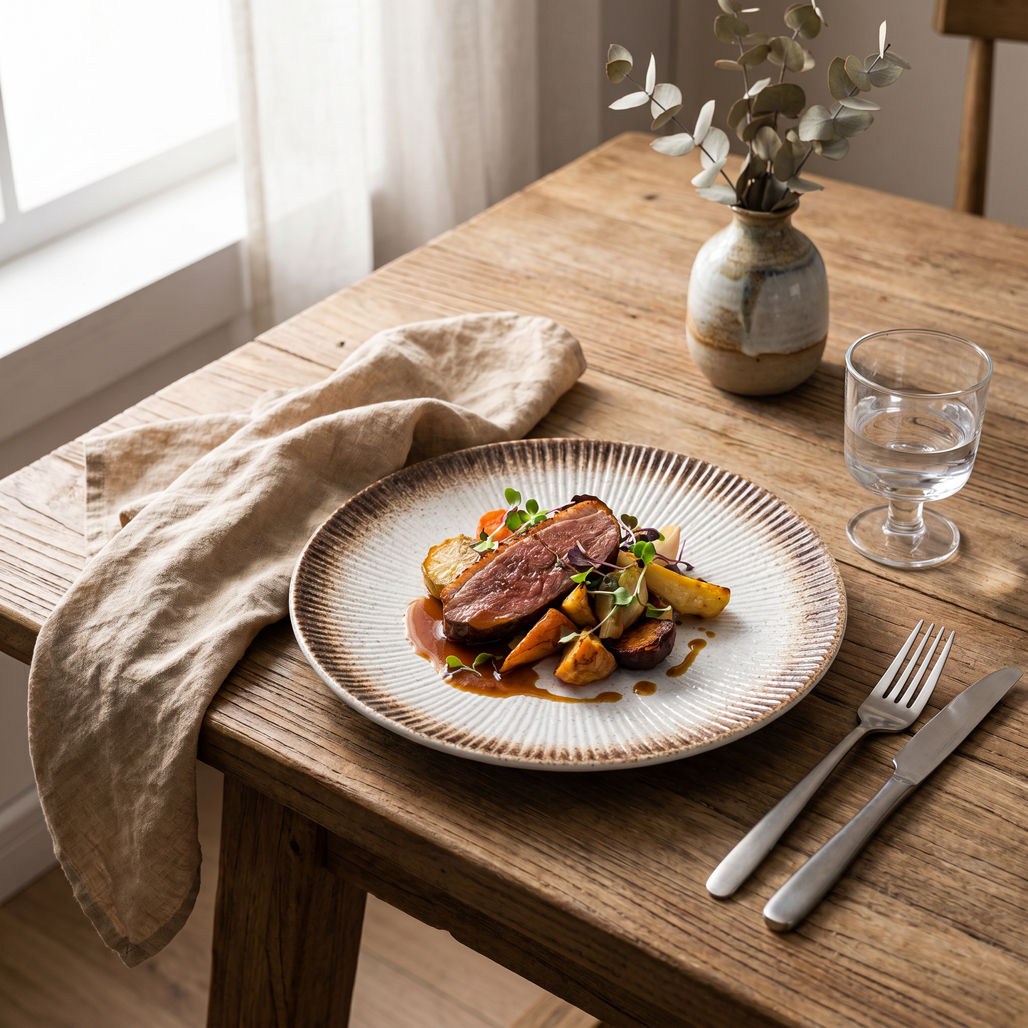 Brown disc ceramic plates in a styled table place setting