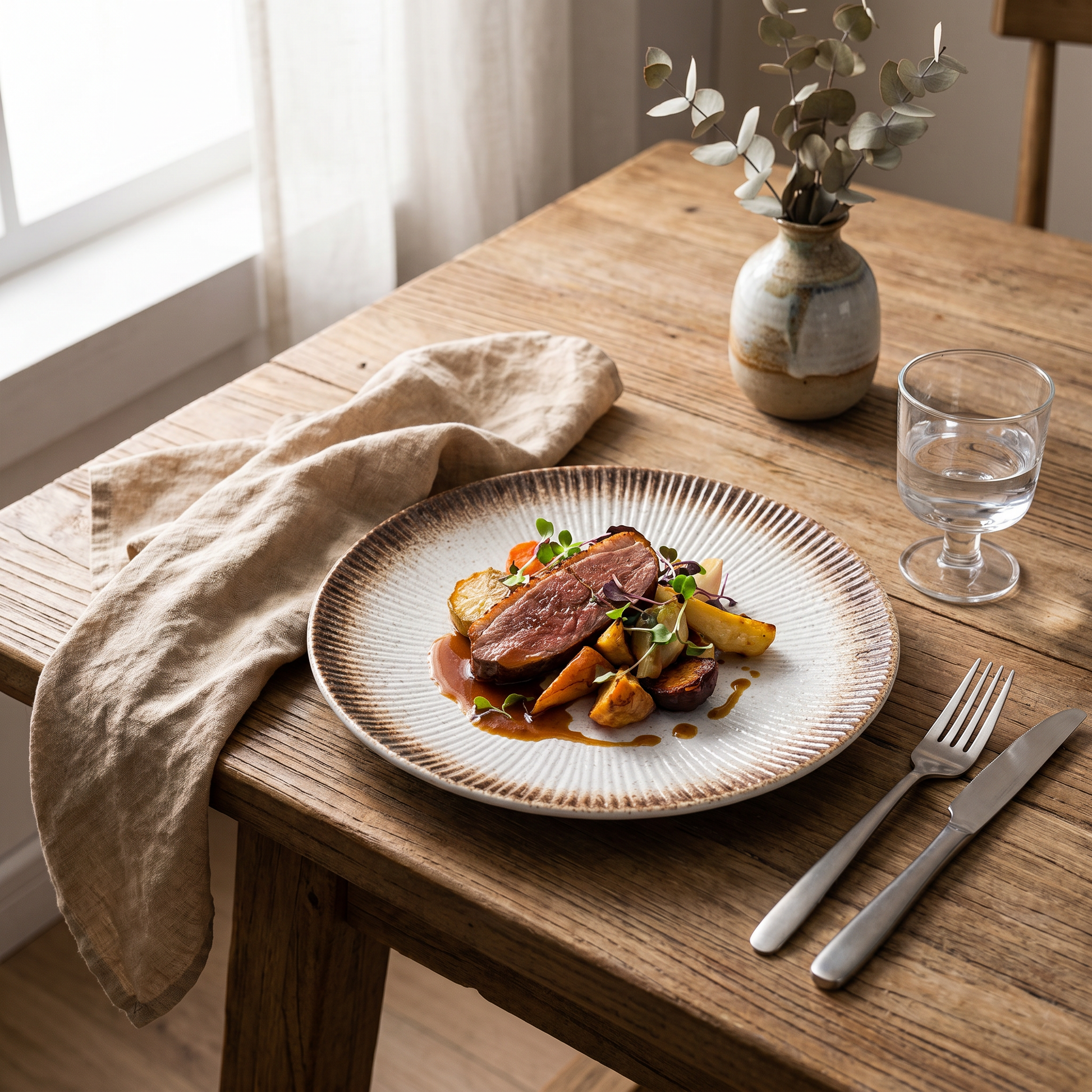 Brown disc ceramic plates in a styled table place setting
