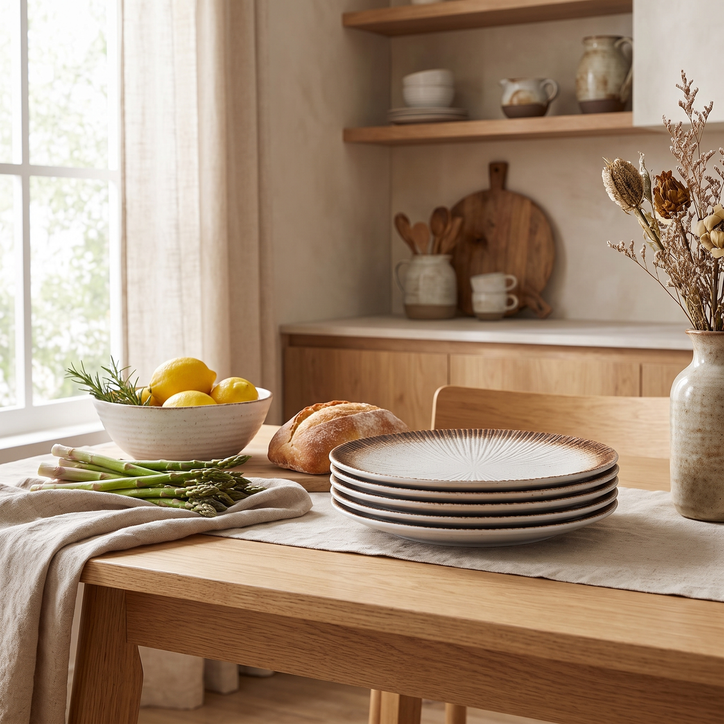 Stack of brown disc ceramic plates styled on a dining table
