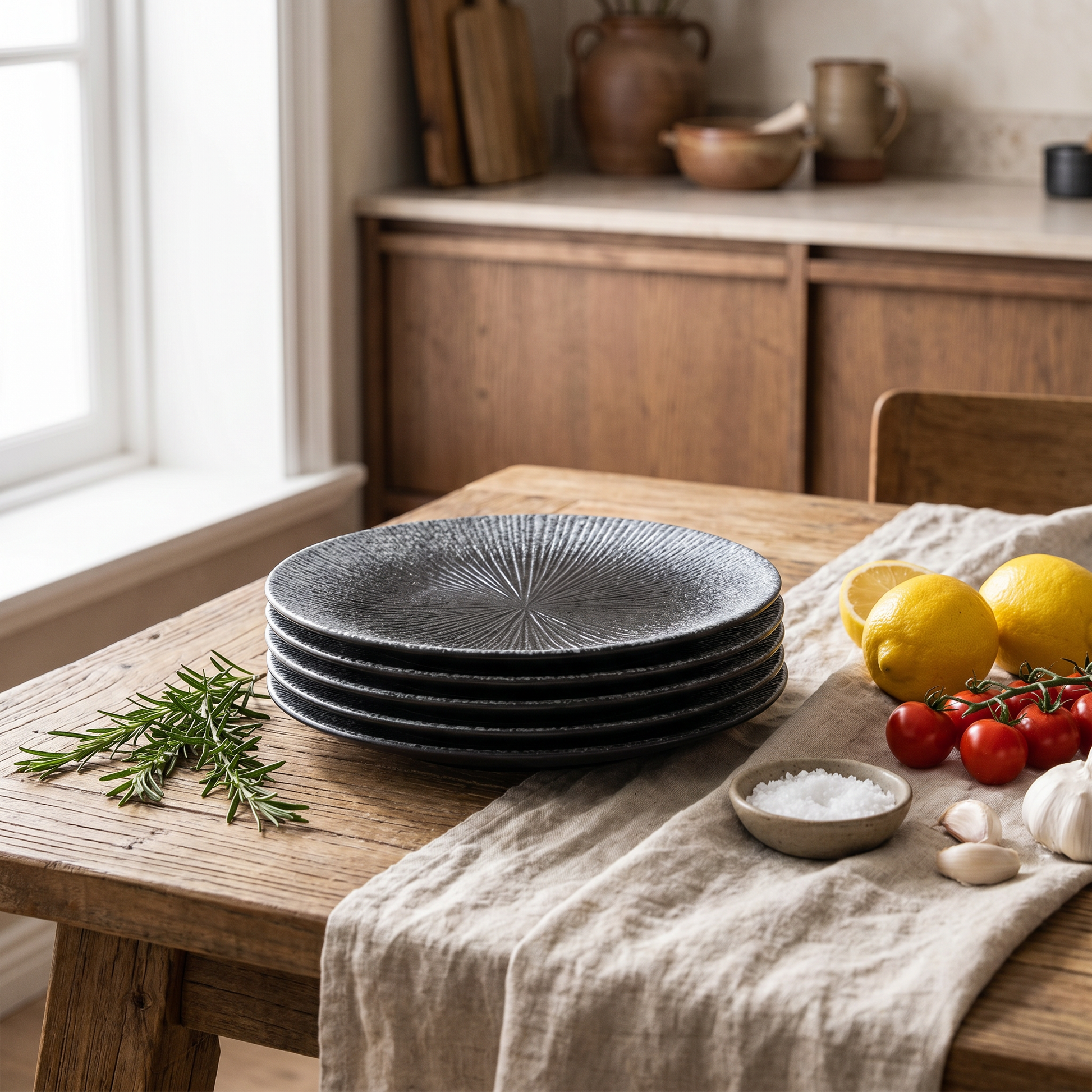 Stack of gray disc ceramic plates styled on a dining table