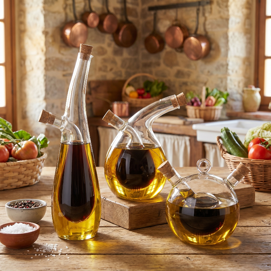 Dual oil and vinegar bottles styled on kitchen counter with ingredients