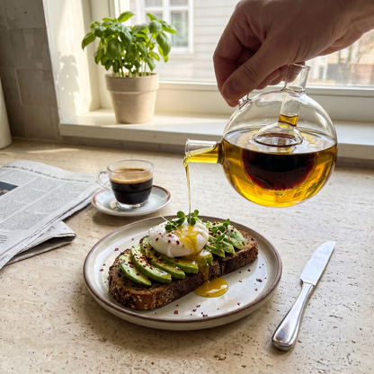 Dual oil and vinegar bottle being poured over plated dish
