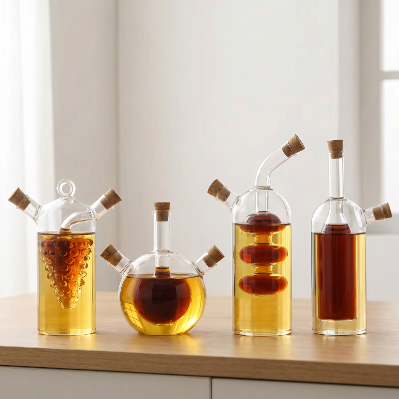Dual oil and vinegar bottles in round and tall shapes on wooden shelf