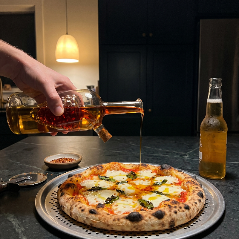 Dual oil and vinegar bottle beside pizza in warm kitchen setting