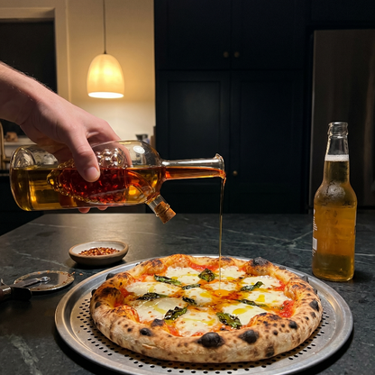 Dual oil and vinegar bottle beside pizza in warm kitchen setting