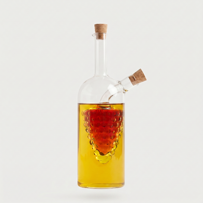 Tall dual oil and vinegar bottle on white background with amber liquid