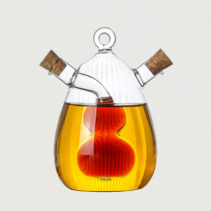 Round dual oil and vinegar bottle on white background showing inner chamber