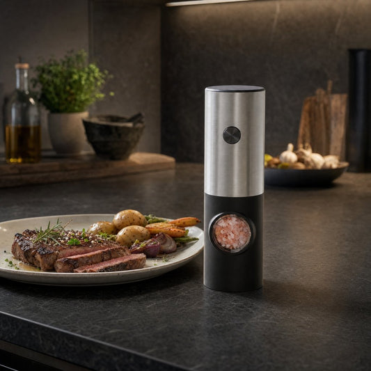 Silver and black electric grinder with pink salt in its clear window on a dark stone counter beside a plate of sliced steak with roasted vegetables