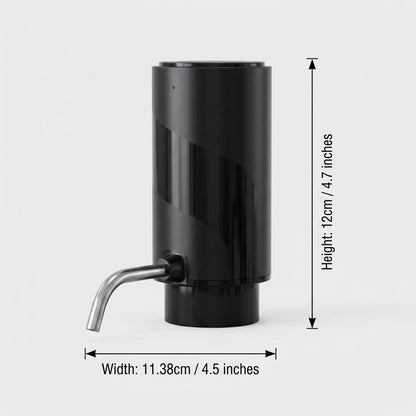 Electric wine aerator on a plain background with measurements marked: height 4.7 inches, width 4.5 inches