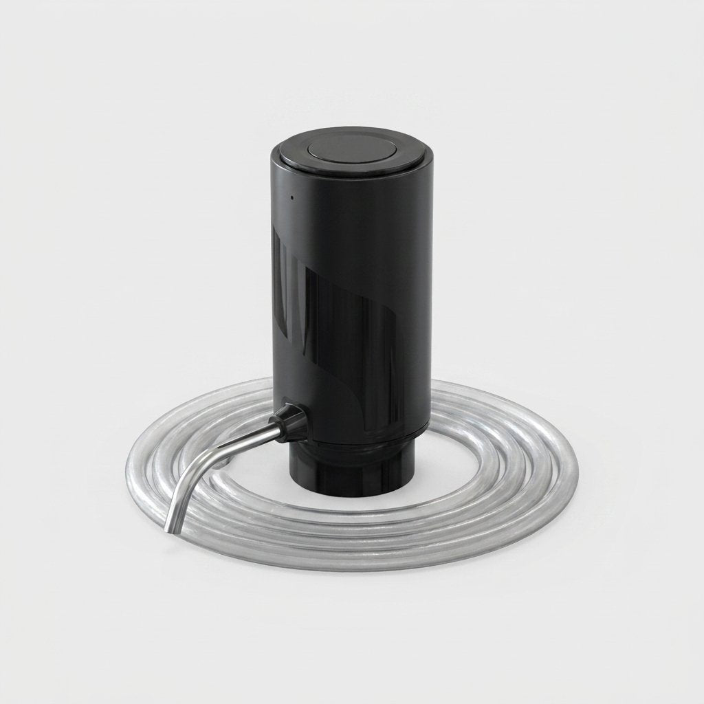 Electric wine aerator with its clear detachable tube coiled around the base, on a plain white background