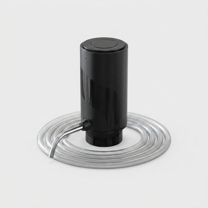 Electric wine aerator with its clear detachable tube coiled around the base, on a plain white background