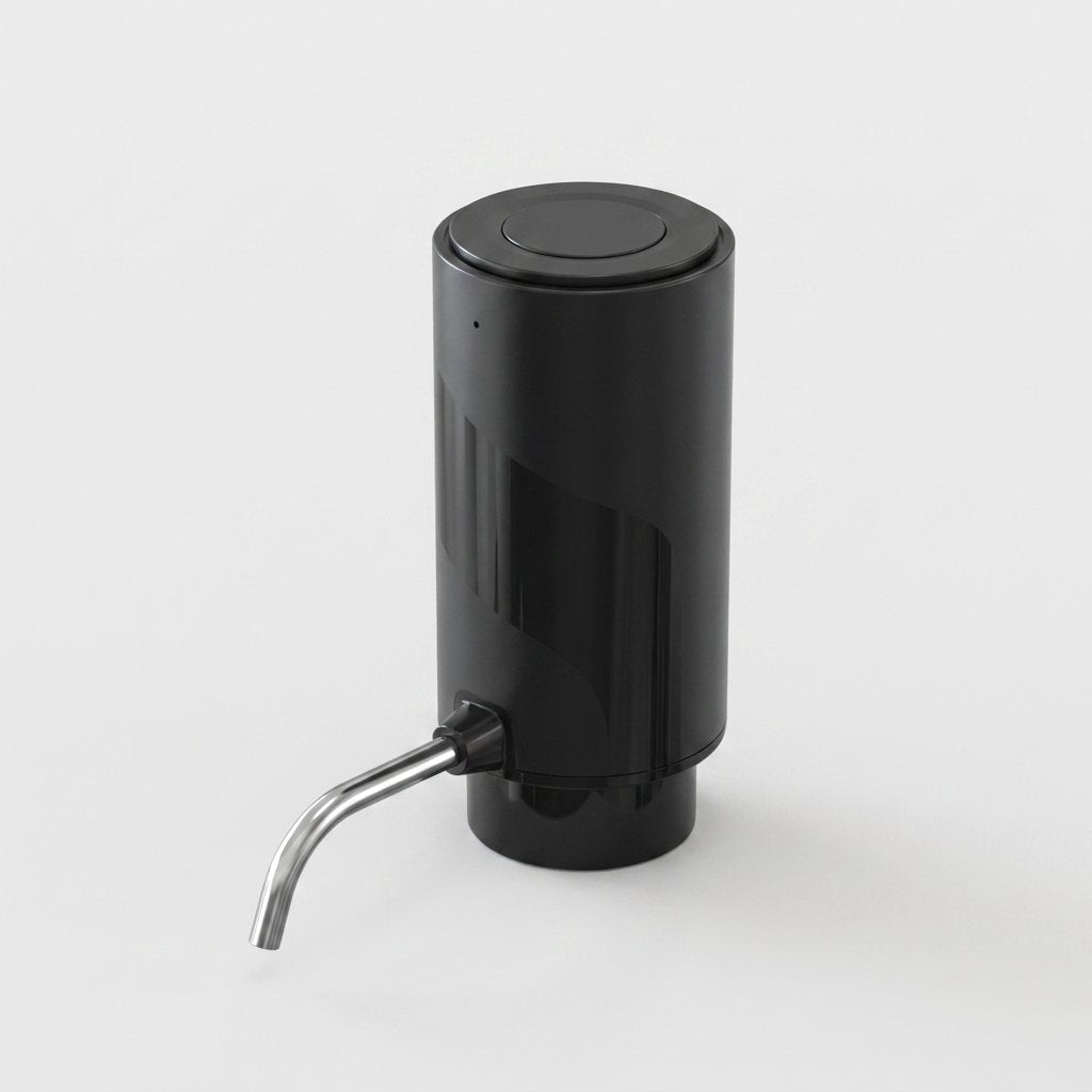 Black electric wine aerator on a plain white background