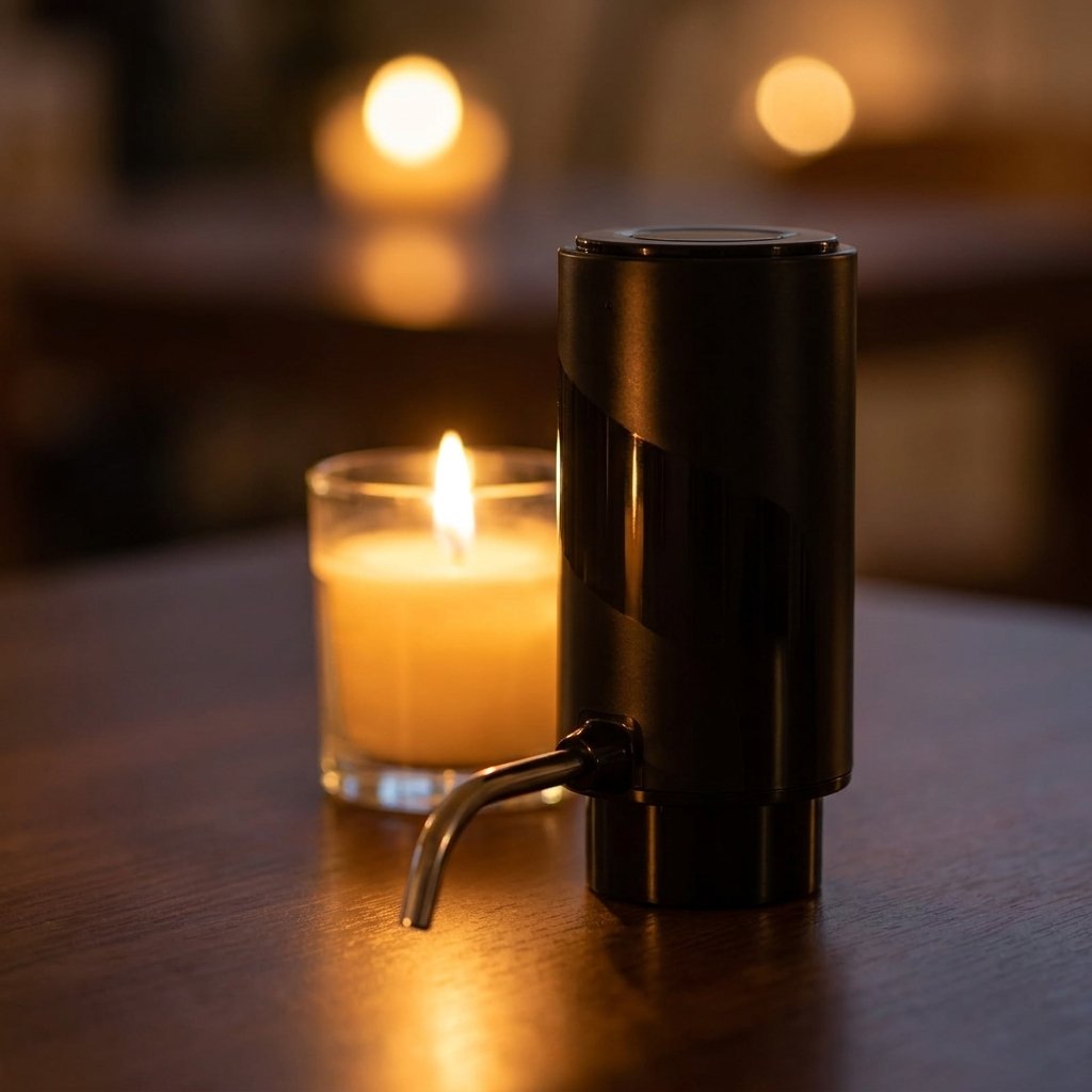 Electric wine aerator standing alone on a dark wood surface beside a lit candle