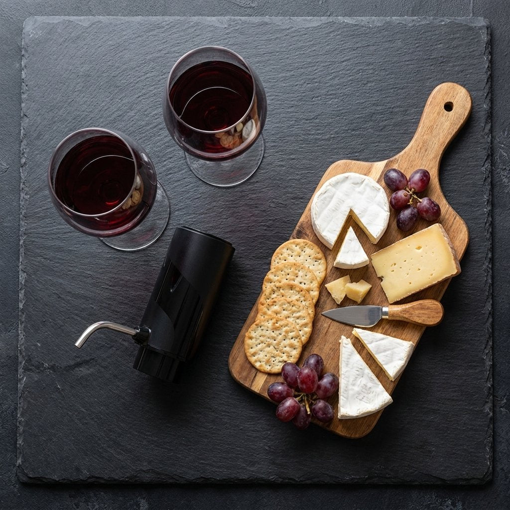 Electric wine aerator lying beside two glasses of red wine and a cheese board with brie, crackers, and grapes
