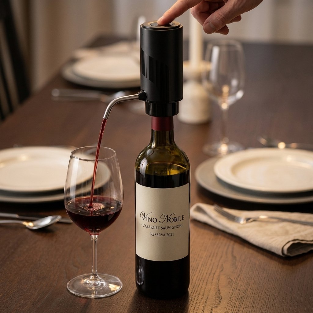 Electric wine aerator attached to a wine bottle, pouring red wine into a glass on a dinner table set with plates and a candle