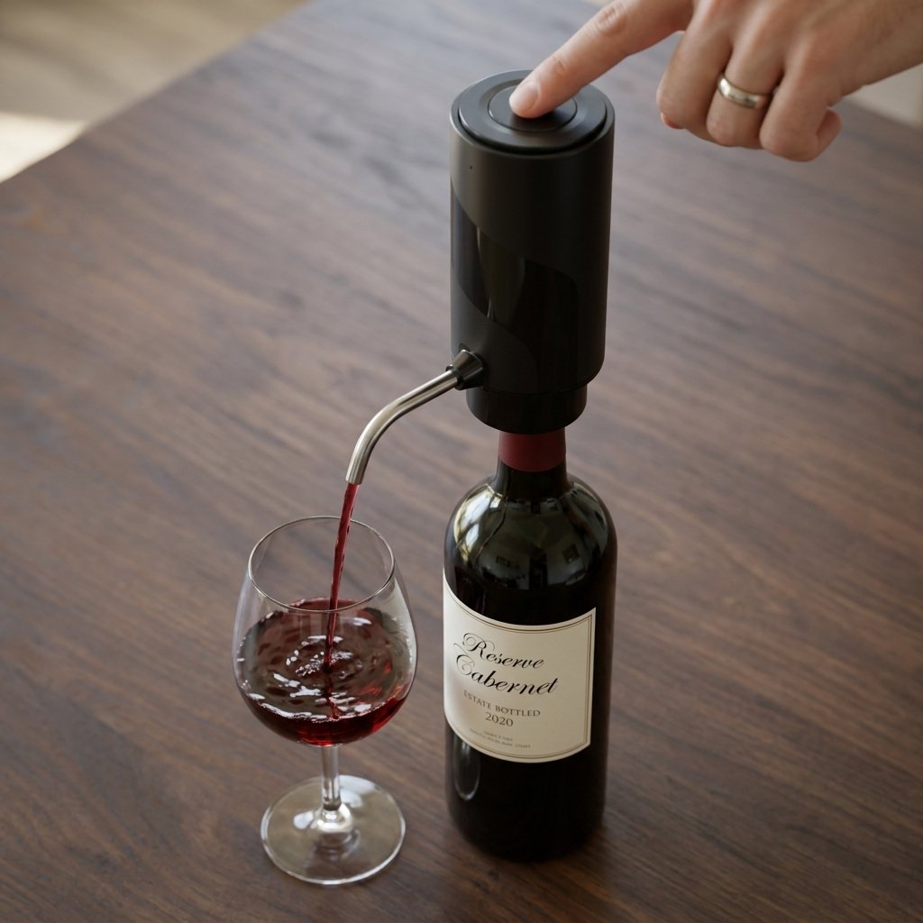 Overhead view of a hand pressing the button on an electric wine aerator attached to a bottle, pouring red wine into a glass