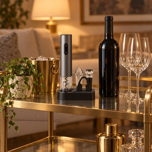 Cordless electric wine opener in a black base with a clear pourer, black foil cutter and vacuum stopper on a brass-framed glass-top bar cart beside an ice bucket and two wine glasses