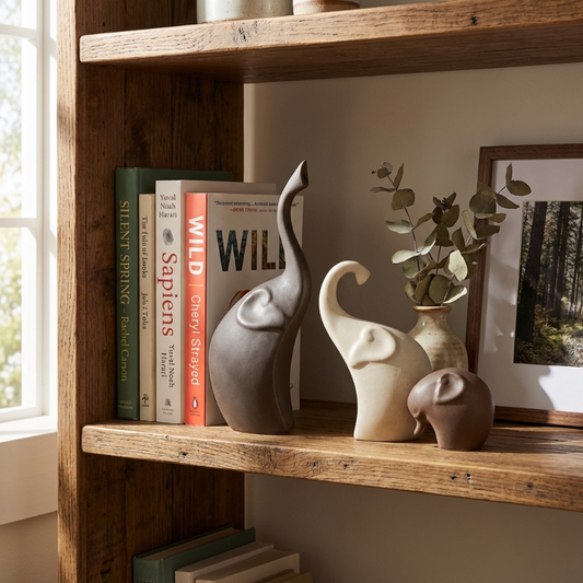 Elephant sculptures set of 3 styled on wooden bookshelf with books and framed art