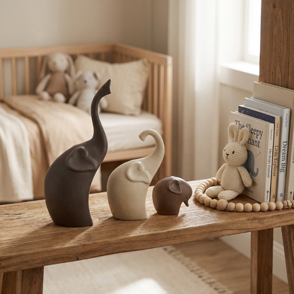 Elephant sculptures set of 3 on side table by window with decor accents