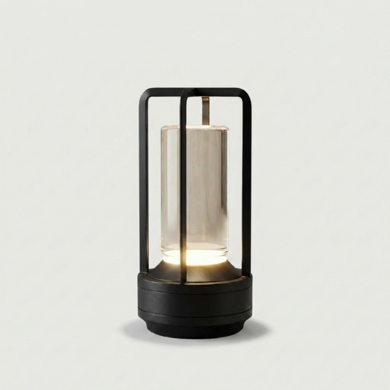 Black Elio cordless metal table lamp on white background