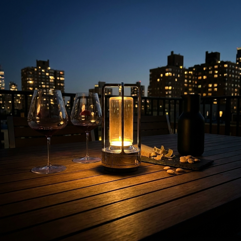 Gold Elio cordless metal table lamp on rooftop table with city skyline