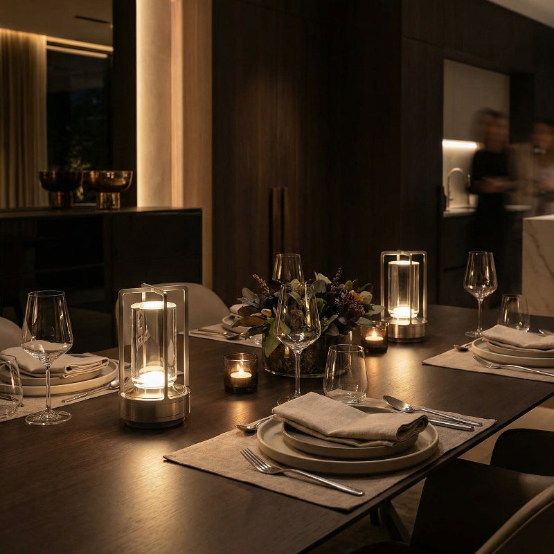 Dining table set for a meal with candles and flowers in a dimly lit room.
