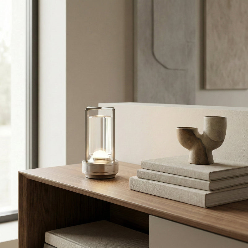 Modern interior with a wooden shelf featuring a glass candle holder and decorative books.