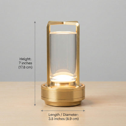 Gold lantern with dimensions labeled on a neutral background