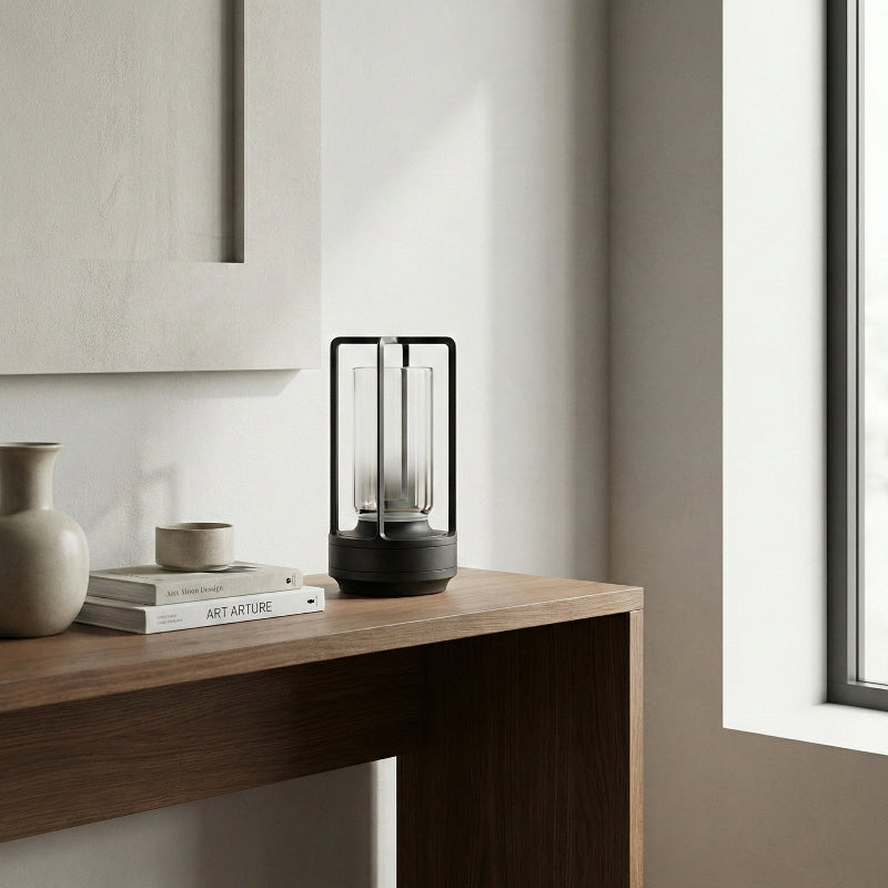 Modern lamp on a wooden surface with a minimalistic interior setting